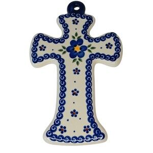 Polish Pottery White & Blue Floral Wall Cross Boleslawiec Poland 7.5" x 4.5"